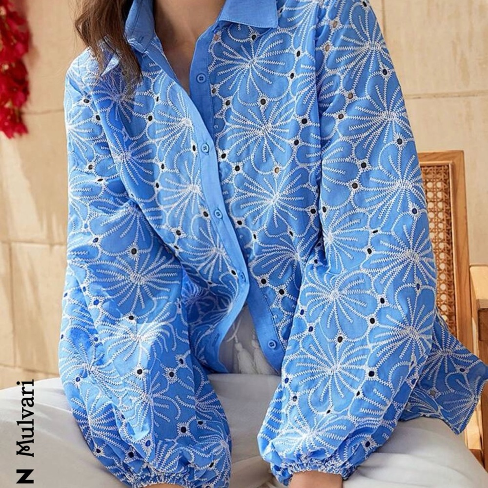 Shein Blue Floral Embroidered Women's Top